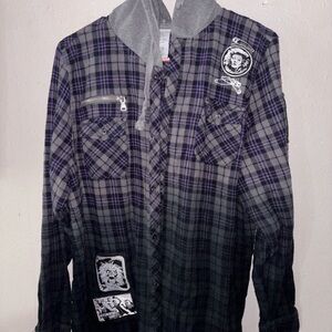 Disney The Haunted Mansion Plaid Flannel Woven Hooded SZ M Patches Y2K Plaid